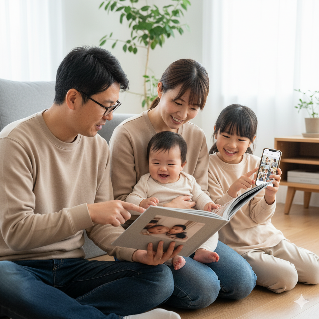 家族4人でアルバムを見る